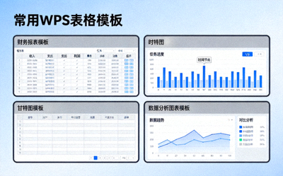 WPS表格模板展示，包含财务报表、甘特图和数据分析图表