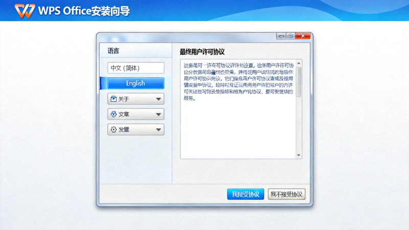 WPS Office 安装向导界面截图，显示语言选择和许可协议选项