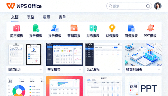 WPS Office 模板中心界面截图，展示丰富的分类模板预览