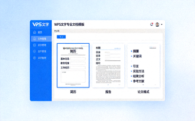 WPS文字专业文档模板展示，包含简历、报告和论文格式