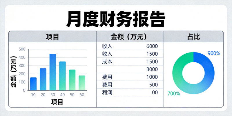 一份月度财务报告Excel表格模板，包含柱状图和饼图